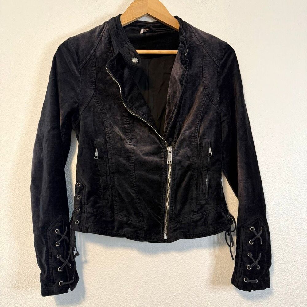 Free People Lacey Corset Velvet Lace Up Moto Jacket Size Small